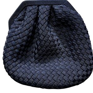 Vintage Vanessa Navy Woven Satin Evening Bag with Gold Clasp
